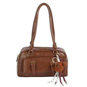 Front Buckle Pocket Boston Bag Satchel Charm Brown