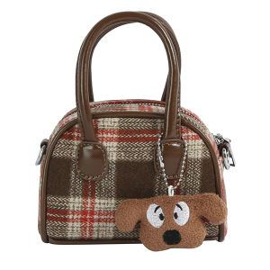 Mini Dome Plaid Crossbody Satchel Brown