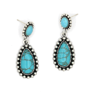 Western Semi Precious Oval Teardrop Silver Turquoise Earrings
