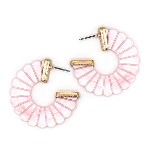 Resin Flower C Hoop Gold Pink Earrings
