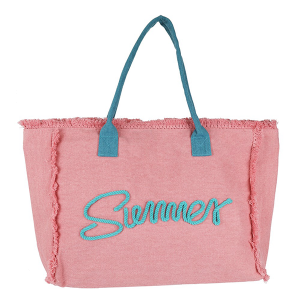 Sewn Rope Summer Fringe Tote Bag Pink