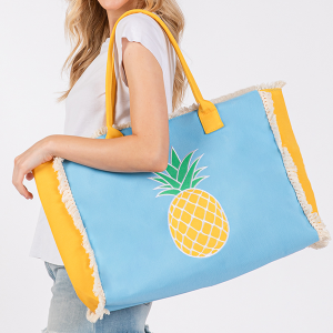 Embroidered Pineapple Patch Fringe Tote Bag