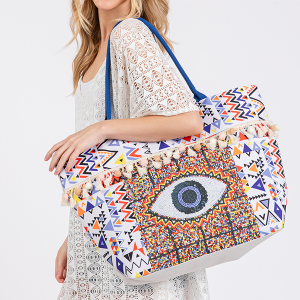Evil Eye Boho Print Fringe Tote Bag