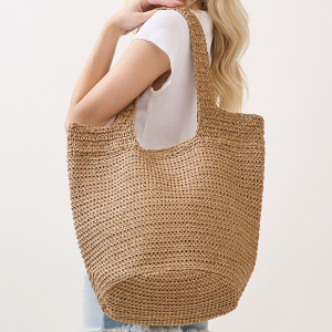 Round Bottom Woven Straw Tote Bag Tan