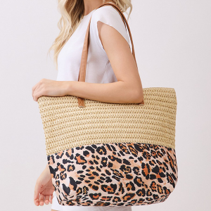 Leopard Print Straw Tote Bag Beige