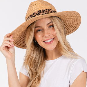 Leopard Band Straw Taupe Sun Hat 