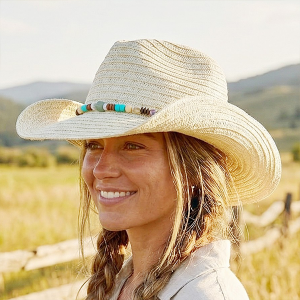 Straw Cowboy Hat Stone & Wood Beads Ivory Hat