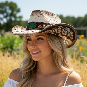 Vintage Western Floral Embroidery Rhinestone Band Ivory Straw Hat