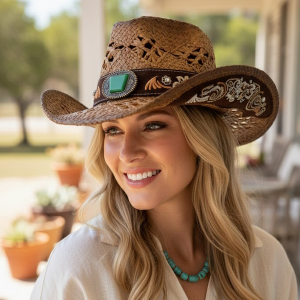 Vintage Western Floral Embroidery Rhinestone Band Taupe Straw Hat