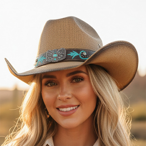 Distressed Turquoise Bloom Butterfly Concho Taupe Straw Hat