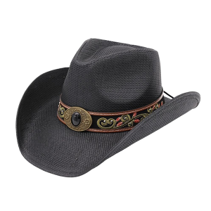 Western Distressed Straw Cowboy Hat Orate Leather Band Black