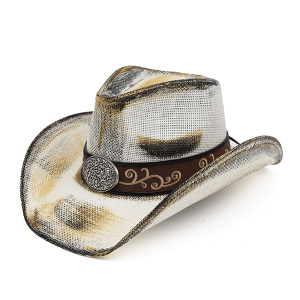 Western Antique Wash Straw Cowboy Hat Filigree Oval Buckle Ivory