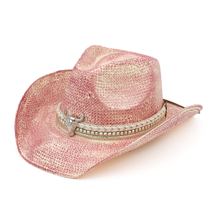 Western Vintage Cowboy Hat Multi Band Bull Head Pink