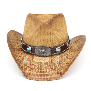 Western Straw Cowboy Hat Turquoise Stone Bull Concho Taupe