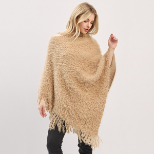 Lightweight Fuzzy Sequin Poncho With Fringe Taupe