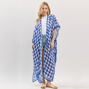 Houndstooth Print Open Front Long Kimono Royal Blue White