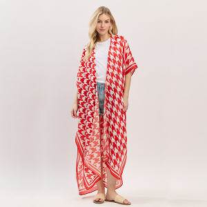 Houndstooth Print Open Front Long Kimono Red White