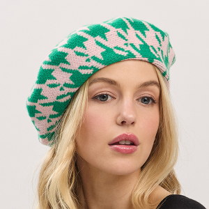 Houndstooth Knit Beret Pink Green