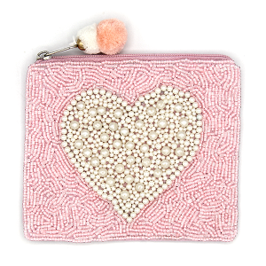 Pearl Accent Heart Seed Bead Coin Purse