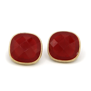 Stud Square Gem Accent Red Gold Earrings