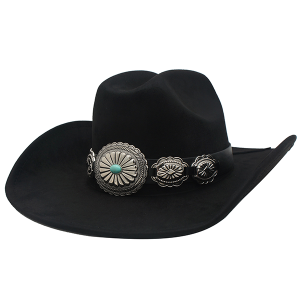 Concho Charm Linked Band Micro Suede Cowboy Hat Black Turquoise