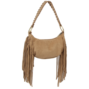 Fringed Hobo Bag Braided Shoulder Strap Taupe Handbag
