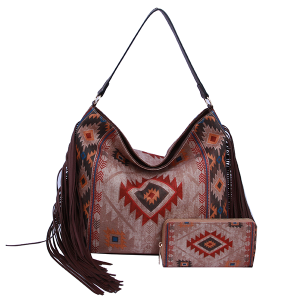 LMG LHU400-1W Aztec Canvas fringe shoulder bag wallet set beige
