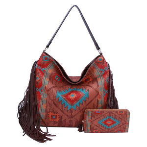 LMG LHU400-1W Aztec Canvas fringe shoulder bag wallet set coffee