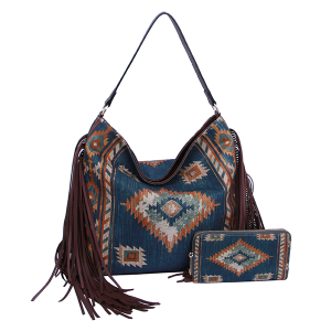 LMG LHU400-1W Aztec Canvas fringe shoulder bag wallet set denim